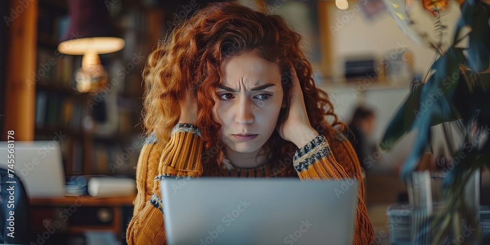 Frustrated woman using a laptop computer - technical support help desk concept with frustrated customer experiencing friction - obrazy, fototapety, plakaty 