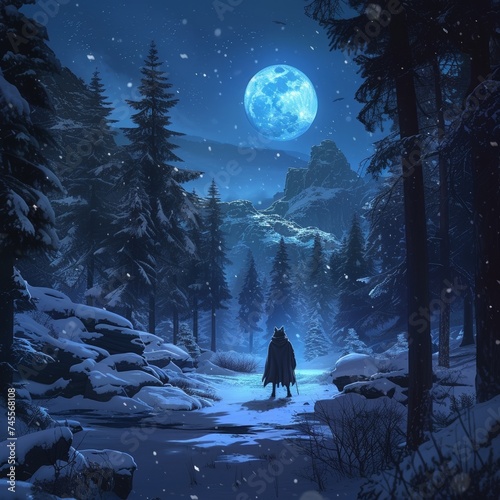 Werewolf gazing at the moon in a snowy mystical forest
