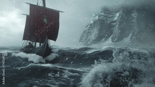 Viking ship sailing in rough seas photo