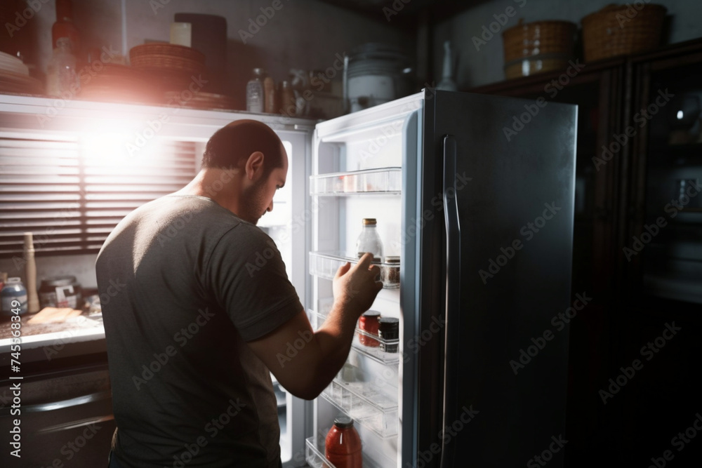 Balding Male Opening Fridge In Kitchen To Look For Food - obrazy, fototapety, plakaty 