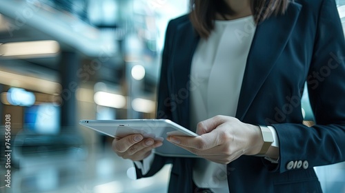 Female business executive uses a connected tablet with office background