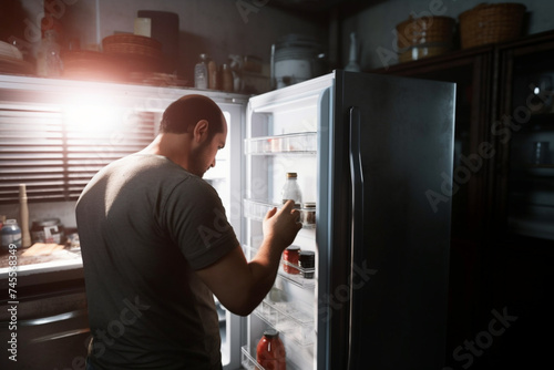 Balding Male Opening Fridge In Kitchen To Look For Food