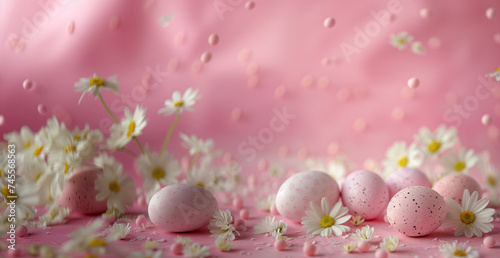 Easter egg background pastel colors and bunny. Floral decorative details, copy space, Generative AI.