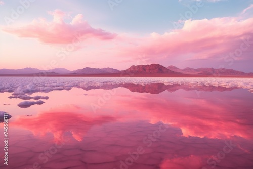 Mesmerizing Pink salt lake. Nature travel. Generate Ai photo