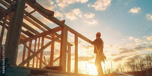 Construction concept with a male carpenter working on the wood beams in a new house construction