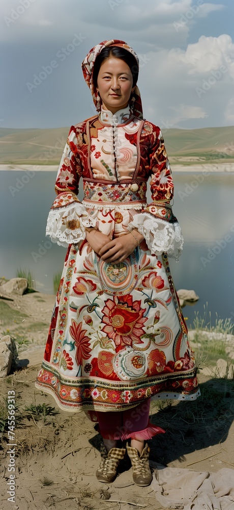 Mountain village people of Uzbekistan. Kyrgyz woman in traditional costume. Young Kyrgyz lady wearing national dress with embroidery. Beauty of Asia. Youth. Kyrgyz republic, Central Asia. Attire