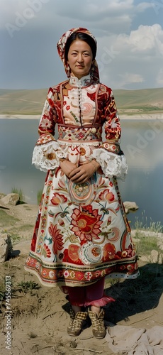 Mountain village people of Uzbekistan. Kyrgyz woman in traditional costume. Young Kyrgyz lady wearing national dress with embroidery. Beauty of Asia. Youth. Kyrgyz republic, Central Asia. Attire photo