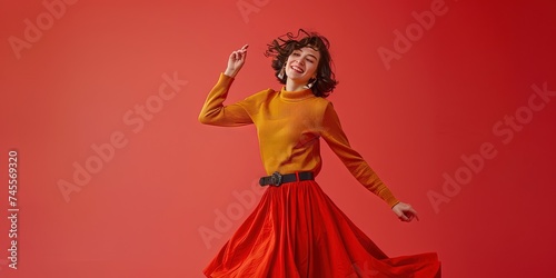 Action shot of a woman wearing fashionable clothing and posing isolated on solid background with copy space