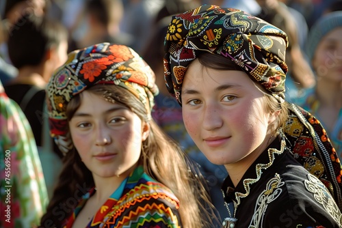 Women of Kyrgyzstan wearing national attire and headscarves. Kyrgyz youth. Contemporary middle eastern and Central Asia fashion. Textile patterns of Asian ethnicities. Tribal gown of Uzbek ladies photo