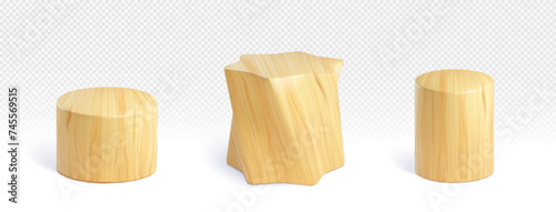 Wooden round cylinder and star shaped product podium of different height and angle of view on transparent background. Realistic vector presentation platform of light wood. Natural material pedestal.