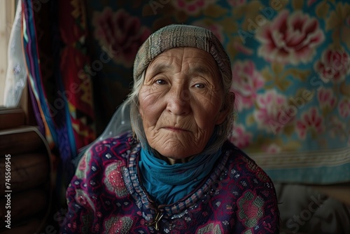 Portrait of an old Asian person. Senior Kyrgyz woman sitting in her room with the patterned carpet on the background. Pensioners of Kyrgyz Republic. Wrinkled face of Uzbek mountain village citizen