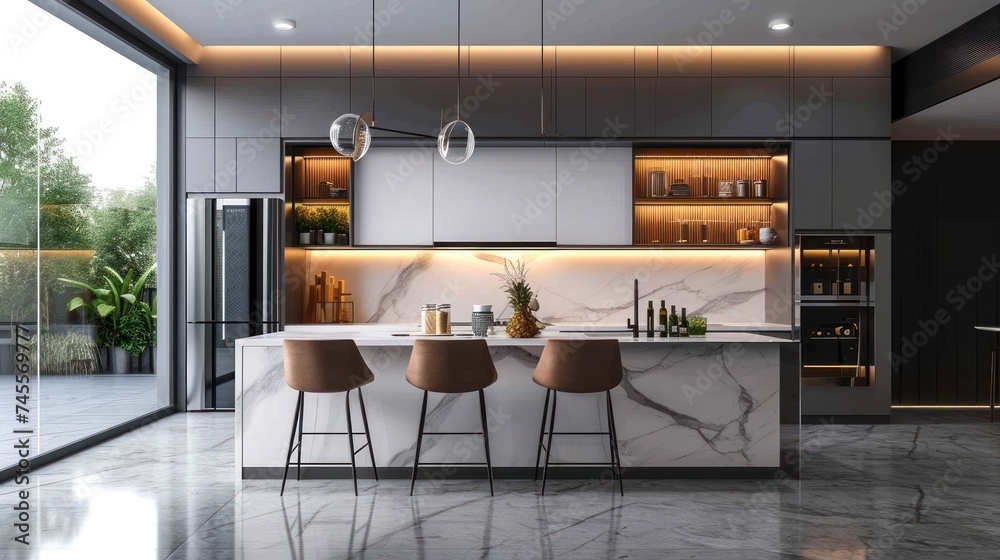 Bright elegant modern minimalistic with grey furniture and white ceramic marble dining table and floor. cooking utensils and jar on the countertop. Scandinavian domestic kitchen room