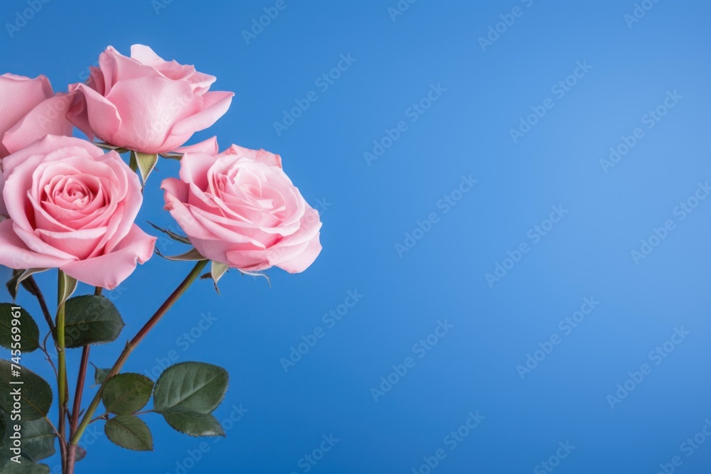 Vibrant Pink roses blue background bush. Life flower. Generate Ai Vibrant Pink roses blue background bush. Life flower. Generate Ai