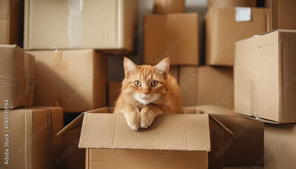 Fototapeta premium Transitioning Spaces: Stacks of Cardboard Boxes with a Cat Curiously Sitting Inside an Empty Box in the Room