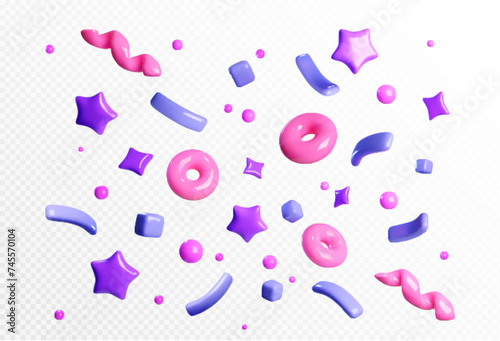 Party firecracker confetti 3d vector icon. Birthday or carnival firework or popper paper serpentine, star and elements for congratulation design. Winner and holiday celebration cracker flying shapes.
