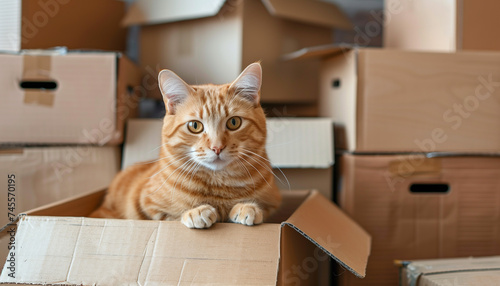 Transitioning Spaces: Stacks of Cardboard Boxes with a Cat Curiously Sitting Inside an Empty Box in the Room