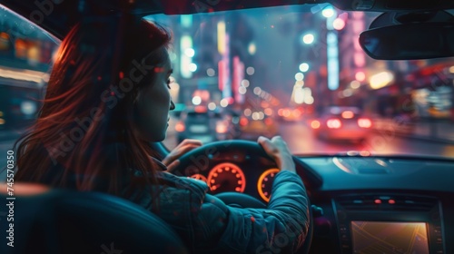 Woman Driving Car on City Street at Night © Yana