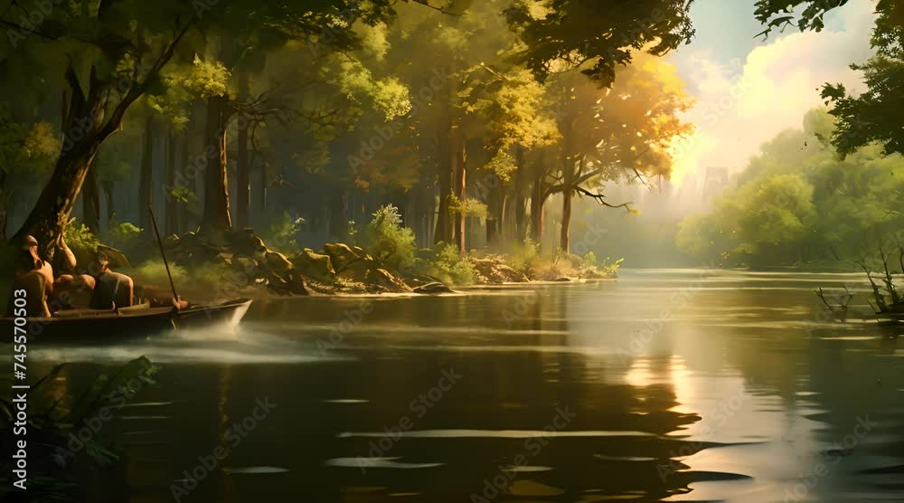 Abstract animation of a boat in a swamp forest. Nature, reflection, tree, greenery, river, water, fishing, oars, boat, fishing rod. Generated by AI. Abstract animation of a boat in a swamp forest. Nature, reflection, tree, greenery, river, water, fishing, oars, boat, fishing rod. Generated by AI.