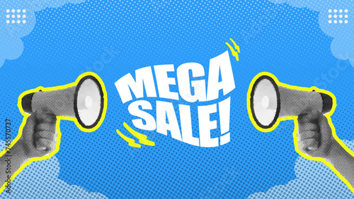 Promotional Mega Sale Banner Background Ads, Retro Halftone Style in Blue Background (ID: 745570737)