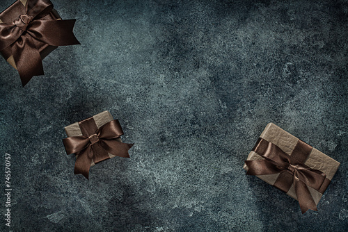 Vintage Brown Gift Boxes On Dark Gray Background