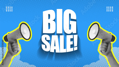 Promotional Big Sale Banner Background Ads, Retro Halftone Style in Blue Background (ID: 745570768)
