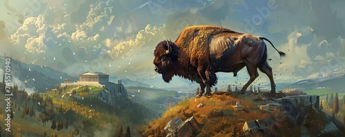 A majestic bison standing alone atop a hill, juxtaposed with Plato's Academy in the distance, bridging the gap between nature and philosophy