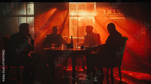 A shadowy mafia meeting in an old, dimly lit room, plotting their next move in the city's underworld