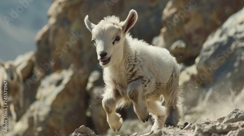 Young Mountain Goat Joyfully Leaping on Rocky Terrain