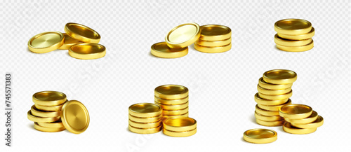 Stack of gold coin of different size. Realistic 3d vector golden metal money in pile. Financial and bank game or casino cash treasure. Heap of empty circular currency for profit and wealth concept.