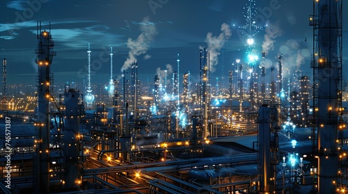 Engineers using 5G networks to remotely monitor and control IoT devices in an industrial setting, enhancing efficiency and safety