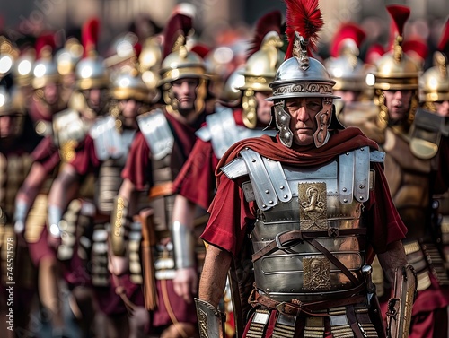 Powerful Roman legionnaires marching to battle, with the grandeur of the Roman Empire echoing in their footsteps