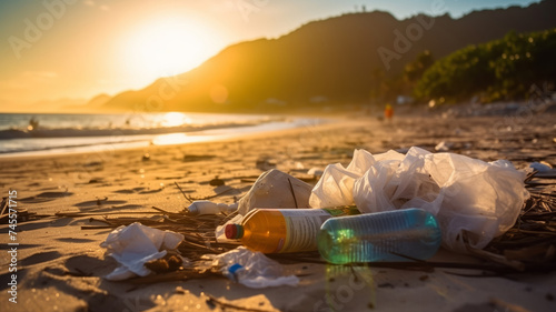 Trash scattered on beach during sunset, highlighting. Concept environment problem plastic pollution in Asia.