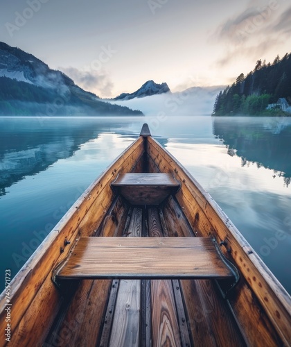 A tranquil early morning boat ride on a serene lake photo