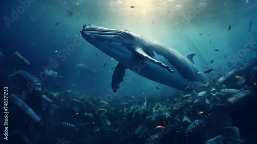 Concept plastic pollution water and human waste, whale floating among garbage in ocean. © Adin