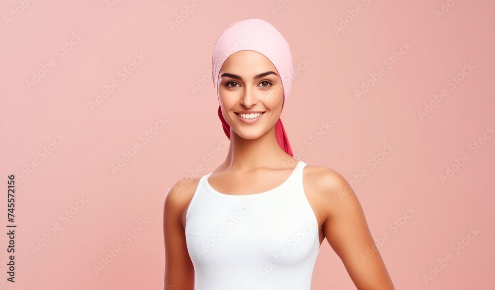 Happy Arab young woman in pink headscarf with serene expression, beauty shot on pink background. Concept female freedom life. Happy Arab young woman in pink headscarf with serene expression, beauty shot on pink background. Concept female freedom life.