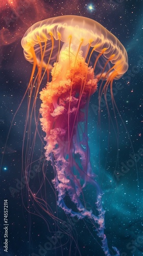 Jellyfish with glowing tentacles creating a mesmerizing illumination within a cosmic nebula in space