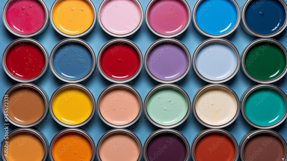 Flat lay open cans of color paint, top view. Flat lay open cans of color paint, top view.