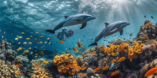 Dolphins Swimming Over Coral Reef