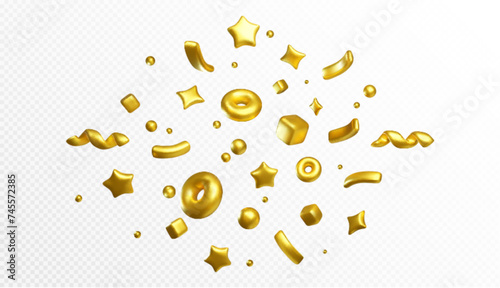 Golden confetti flying in air. Vector realistic illustration of 3D glitter stars, torus, serpentine ribbons, cubes, curls isolated on transparent background, holiday firecracker explosion effect