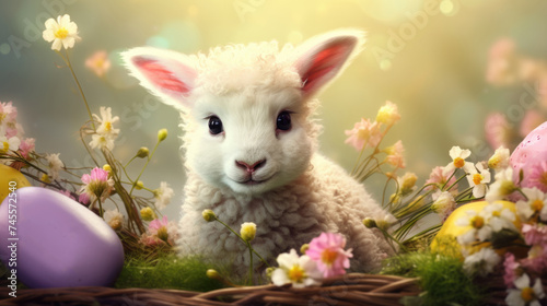 Digital Art Portrait of a Baby Lamb in a Basket with Easter Eggs and Spring Flowers. photo