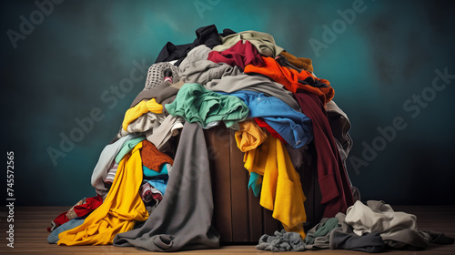 Concept problem of conscious consumption of clothing, people pollute environment of Earth with textiles. Disposable clothing lying in heap.