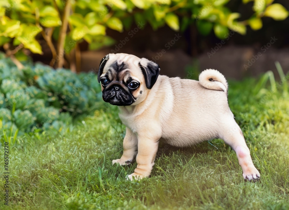 A fawn Pug puppy stands in the grass, gazing at the camera