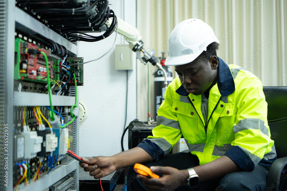 Portrait of a technician working with a digital multimeter to test the electrical system of a huge circuit board at an industrial plant using an automated hand robot. Portrait of a technician working with a digital multimeter to test the electrical system of a huge circuit board at an industrial plant using an automated hand robot.
