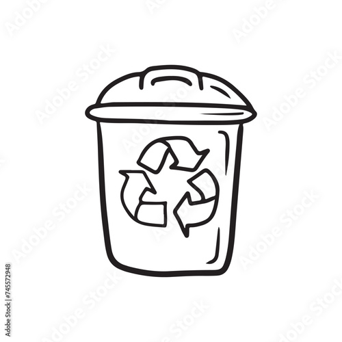 Trash bin with recycling sign with lid cover in black isolated on white. Hand drawn vector sketch doodle illustration. Concept of recycle plastic, save environment, pollution, sorting rubbish.
