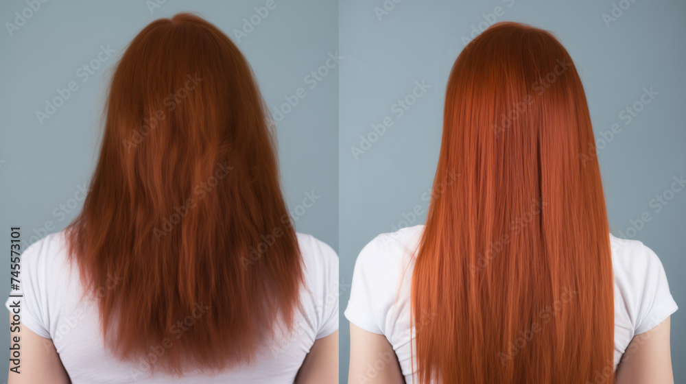 Red hair before and after treatment, sick, cut and healthy hair. Red hair before and after treatment, sick, cut and healthy hair.