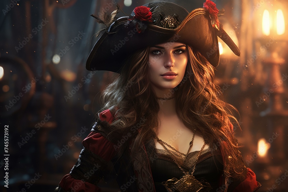 Pirate queen portrait closeup. Harbor ancient famous old picture. Generate Ai Pirate queen portrait closeup. Harbor ancient famous old picture. Generate Ai