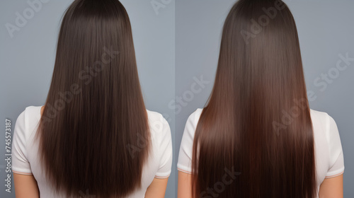 Brunette Hair before and after treatment, sick, cut and healthy hair