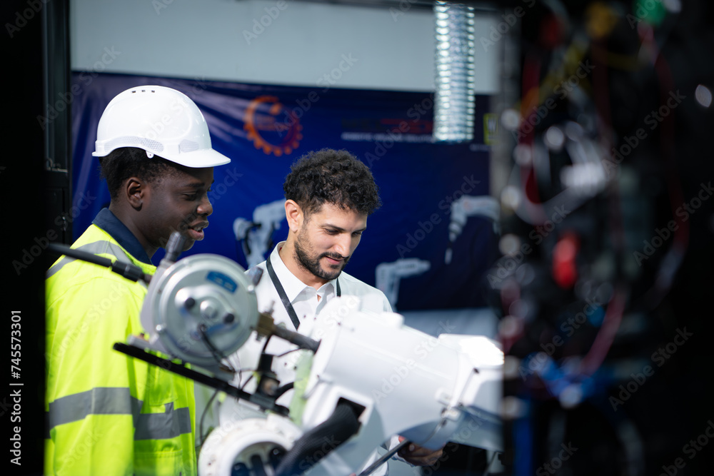 Technicians are introducing industrial hand robots to businessperson of factory industry who will use them in large-scale complex manufacturing operations. Technicians are introducing industrial hand robots to businessperson of factory industry who will use them in large-scale complex manufacturing operations.