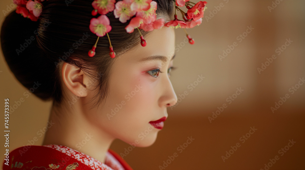 A close-up portrait of a young woman wearing a red dress with floral decorations in her hair.
A close-up portrait of a young woman wearing a red dress with floral decorations in her hair.