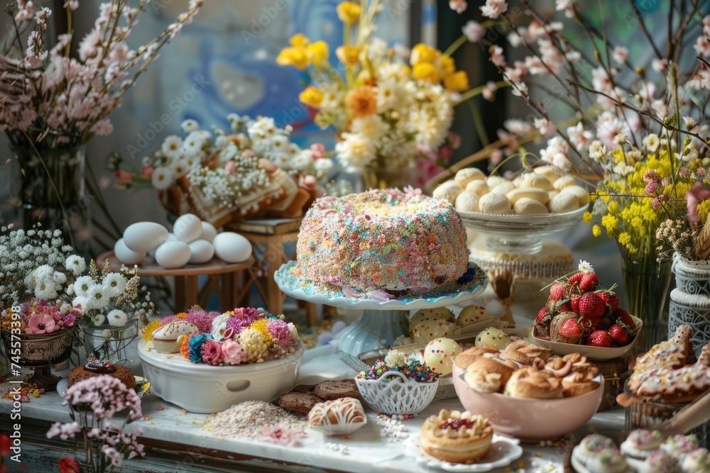 Spring-themed cake decorated with edible flowers and Easter eggs on a dessert table.